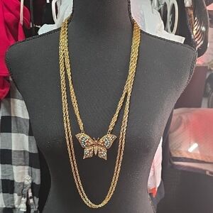 Gold Butterfly Pendant Necklace with Turquoise Accents